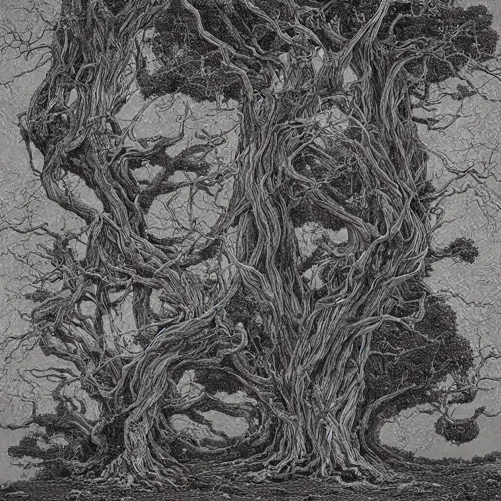 Image similar to tree of life, yggdrasil, moody lighting, by moebius, by laurie lipton