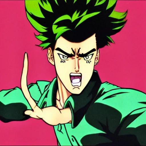 Image similar to young boy angry, kuwabara hairstyle, art by hirohiko araki, jotaro kujo, kakyoin, manga page, action pose, manga cover