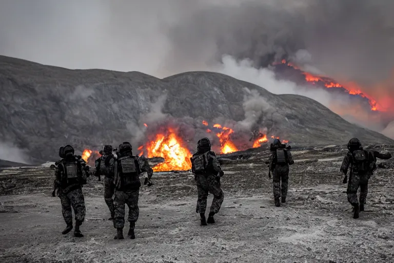 Prompt: Mercenary Special Forces soldiers in grey uniforms with black armored vest and black helmets assaulting a burning exploding devastated fjord Norway nuclear explosion artillery in 2022, Canon EOS R3, f/1.4, ISO 200, 1/160s, 8K, RAW, unedited, symmetrical balance, in-frame, combat photography, colorful