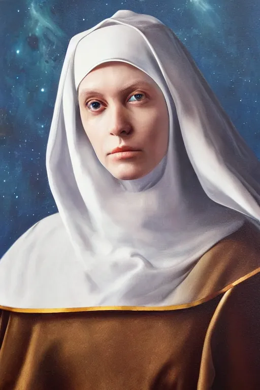 Image similar to hyperrealism oil painting, close - up portrait of european medieval nun albino fashion model, knight, steel gradient mixed with nebula sky, in style of baroque