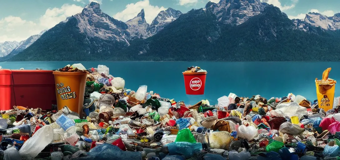 Image similar to a very high resolution image from a new movie. mountains, lake, garbage plastic, fast food, photorealistic, photography, directed bywes anderson