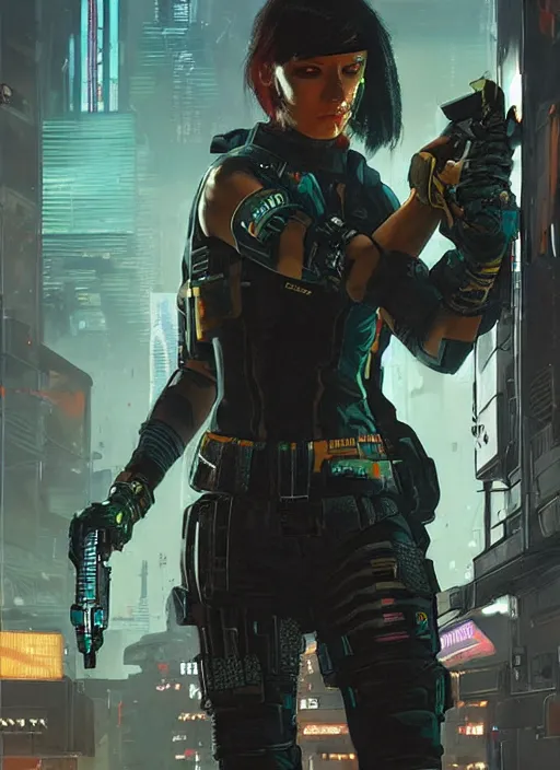 Prompt: Ela. Cyberpunk mercenary in tactical gear infiltrating corporate mainframe. (Cyberpunk 2077), blade runner 2049, (matrix) Concept art by James Gurney, greg rutkowski, Craig Mullins and Alphonso Mucha. Stylized painting with Vivid color.