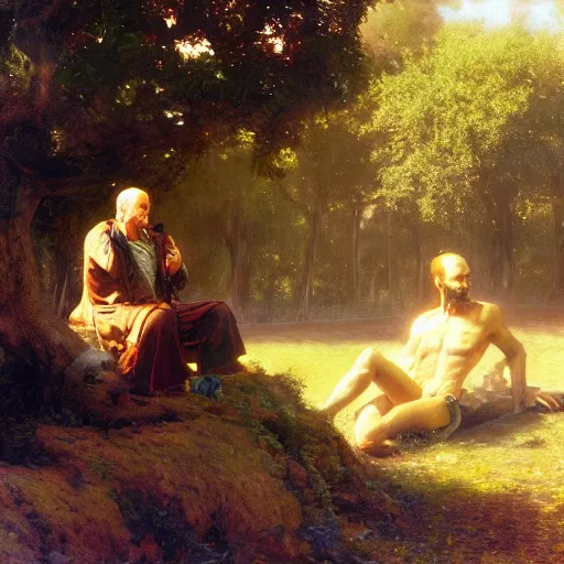 Image similar to a close - up photo of isaac newton offering a half eaten apple to steve jobs under the tree of knowledge, artwork by gaston bussiere, craig mullins, trending on artstation