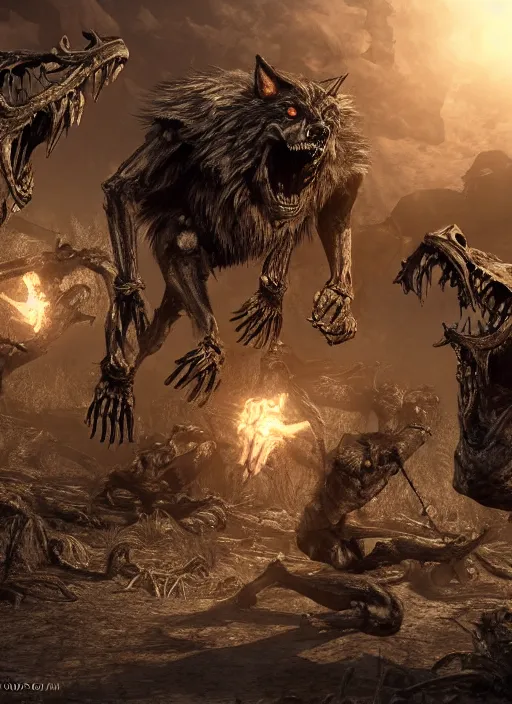 Prompt: werewolf fighting an endless army of skeletons, ultra detailed fantasy, elden ring, realistic, dnd, rpg, game design concept art, behance hd, artstation, deviantart, global illumination radiating a glowing aura global illumination ray tracing hdr render in unreal engine 5