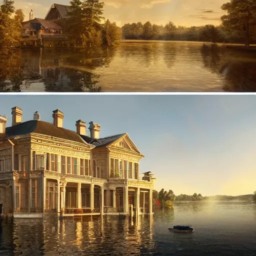 Image similar to a modern country house on the lake, golden hour, spotlight, backlight, sunlight, volumetric light, ray tracing reflections, insanely detailed and intricate, hypermaximalist, elegant, ornate, hyper realistic, super detailed