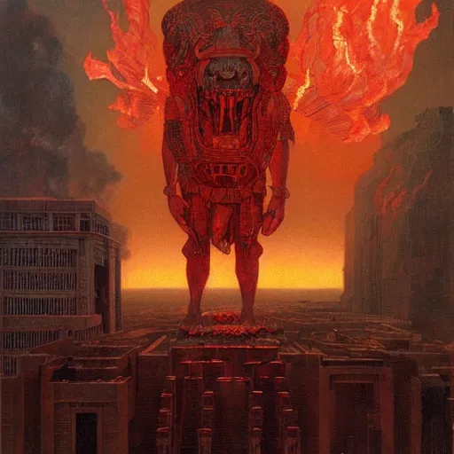 Prompt: giant mayan joe biden with flaming eyes standing over city, perfectly clear face, by j. c. leyendecker and beksinski