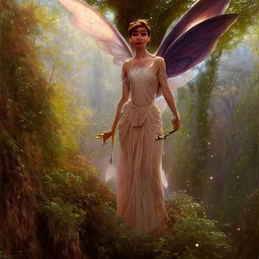 Prompt: audrey hepburn as a winged fairy in a fantasy forest, various backgrounds, highly detailed, digital painting, artstation, matte, illustration, art by gaston bussiere, artgerm, greg rutkowski, tom bagshaw