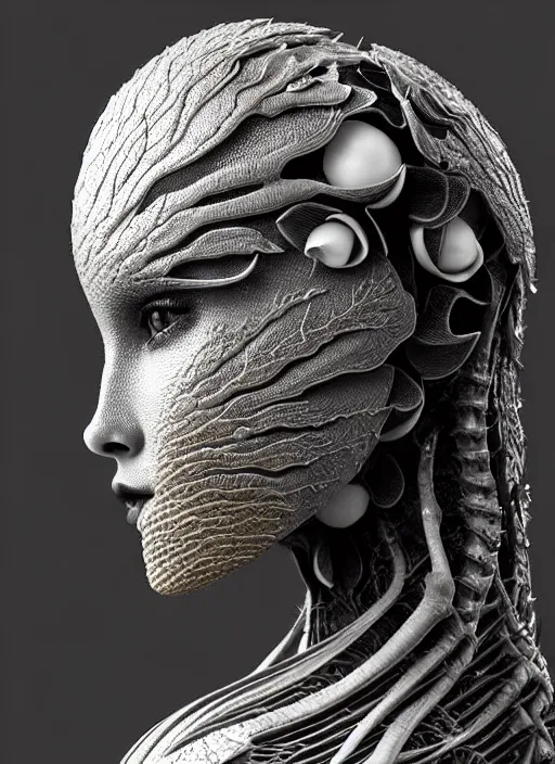 Image similar to bw close - up profile face, black background, beautiful porcelain vegetal dragon cyborg young female, 1 5 0 mm, beautiful natural soft rim light, silver gold details, magnolia leaves and stems, roots, fine lace, mandelbot fractal, elegant, ultra detailed, white metallic armour, octane render, h. r. giger style