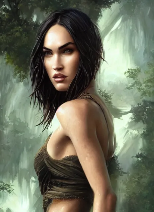 Image similar to megan fox with pixie haircut, beautiful highly detailed face, complementary lighting, backlit, black eyeshadow, grinning, adventure, dramatic lighting, landscape background, beautiful painting by artgerm and greg rutkowski and raymond swanland