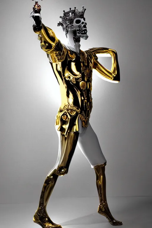 Image similar to full-body baroque and cyberpunk style neon statue of a young attractive (slender muscular Spanish macho bem dotado) e rico android ((sim roupa)) reclining (con pernas aberta e piroca dura) leite, glowing (((white laser))) eyes, prince crown of iridescent skulls, ruby, swirling gold-colored silk fabric. futuristic elements. full-length view. space robots. human skulls. intricate artwork by caravaggio. Trending on artstation, octane render, cinematic lighting from the right, hyper realism, octane render, 8k, depth of field, 3D