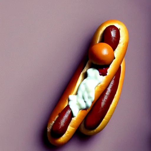 Image similar to a hot dog with legs, surreal, dreamlike