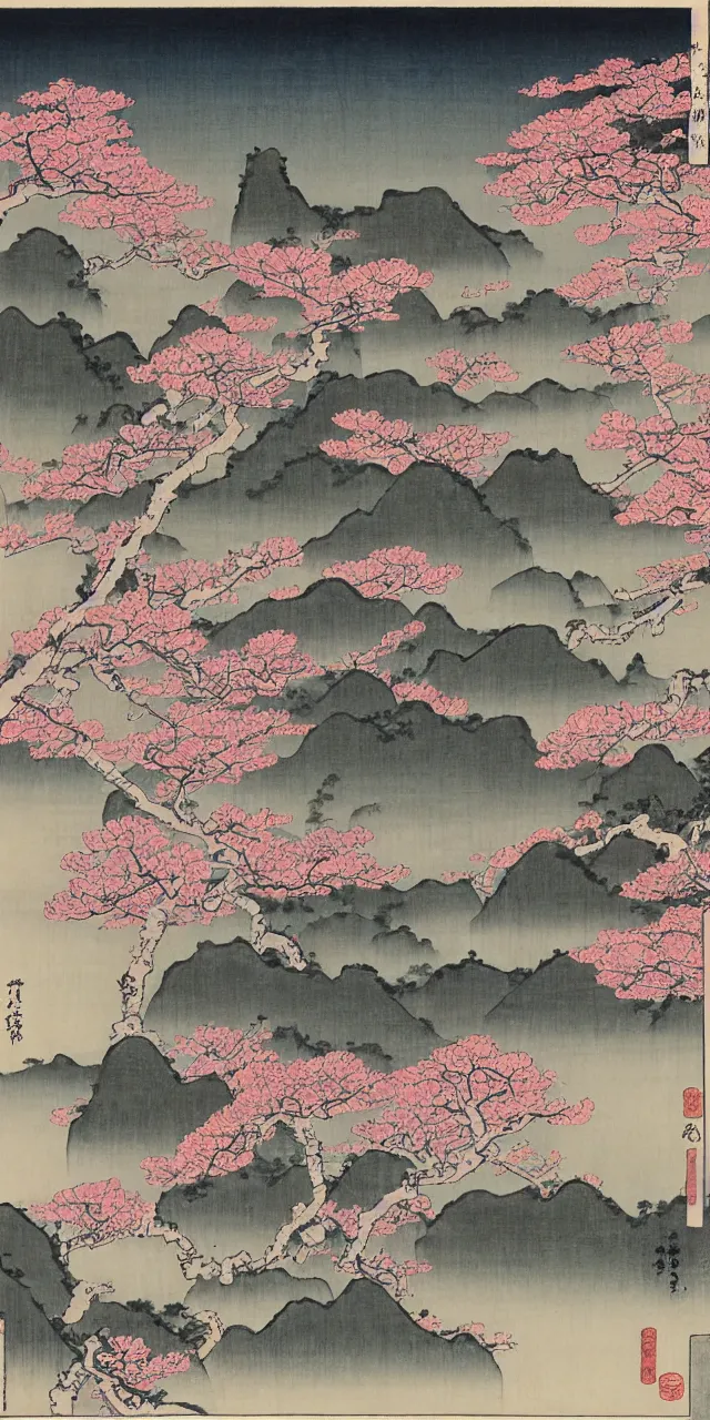 Prompt: sakuras, taoist monks and temples in huangshan, artwork by katsushika hokusai and utagawa hiroshige