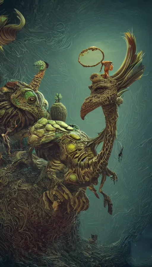 Image similar to a strange bird turtle giraffe chimera creature with scales feathers fins tusks mushrooms with other monsters on a lush fertile alien planet, in the style of shaun tan, sam shearon, dr seuss, leng jun, max ernst, close up, fantastic, wonderful, science fiction, dramatic studio lighting, atmospheric, national geographic, 3 d sculpture 8 k octane render