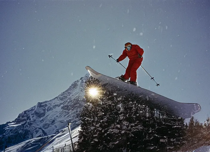 Image similar to a 2 8 mm macro kodachrome photo of one man skiing off a ski jump with snow bursting behind him in the swiss alps in the 1 9 5 0's, seen from a distance, bokeh, canon 5 0 mm, cinematic lighting, film, photography, golden hour, depth of field, award - winning