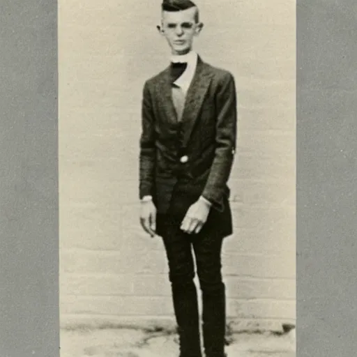 Image similar to Photograph of a young anorexic 1930s outcast man with very long hair and extravagant clothes