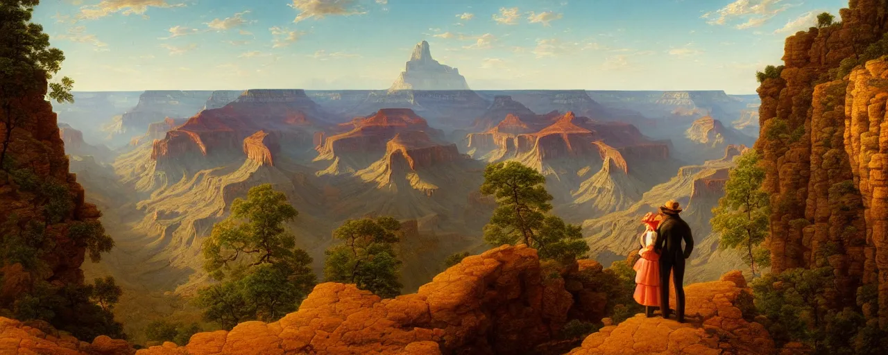 Prompt: romantic painting, wide shot of kermit the frog and miss piggy standing in front of a the grand canyon at sunrise, highly detailed, sublime, hyperrealistic, painted by caspar david friedrich and albert bierstadt, trending on artstation 8 k