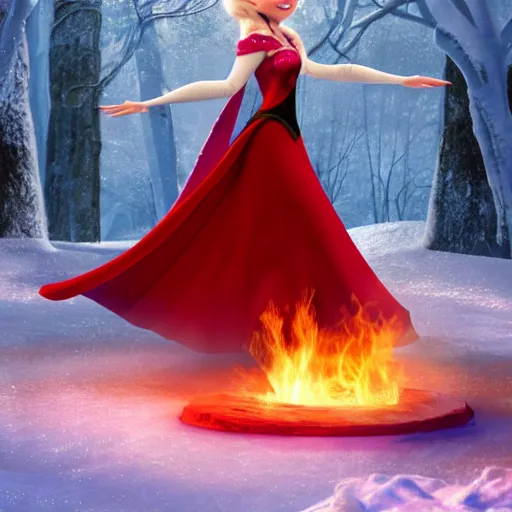 Prompt: elsa from frozen with a red dress and fire powers