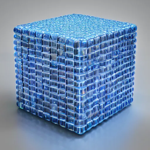 Image similar to cube made out of blue marbles and steel rods, octane render, studio photo