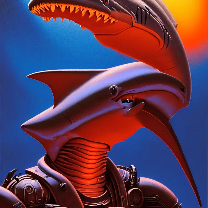 Prompt: Hammer head shark with orange legs cinematic bust portrait , head and chest only, exotic alien features, robotic enhancements, desaturated, Tim Hildebrandt, Wayne Barlowe, Bruce Pennington, donato giancola, larry elmore, oil on canvas, masterpiece, trending on artstation, featured on pixiv, cinematic composition, dramatic pose, beautiful lighting, sharp, details, hyper-detailed, HD, HDR, 4K, 8K