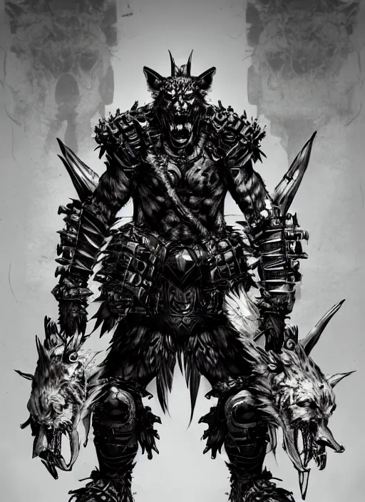 Image similar to Full body portrait of a scary gnoll wolf man. Armour made of human skulls. In style of Yoji Shinkawa and Hyung-tae Kim, trending on ArtStation, dark fantasy, great composition, concept art, highly detailed.