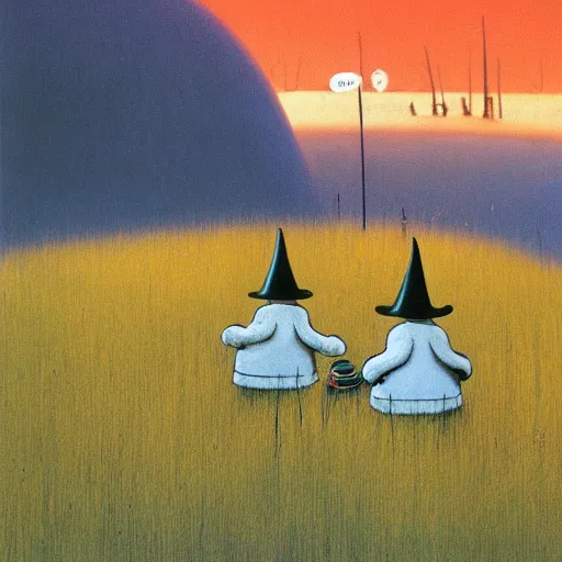 Image similar to the moomins in moominvalley, beksinski painting, very detailed!, high quality, 4 k