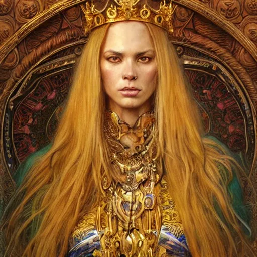 Image similar to highly detailed full portrait of a majestic lioness queen in the form of a beautiful woman. d & d, art by donato giancola and ruan jia and carl larsson and magali villeneuve. trending on artstation, intricate details, energetic composition, golden ratio, concept art, illustration, elegant art