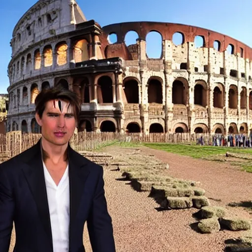 Image similar to tom cruise dressed as a pharaoh in the middle of the roman colosseum