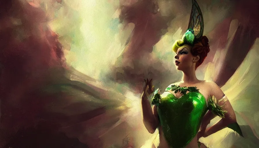 Image similar to A beautiful painting of tim curry as tinker bell by greg rutkowski and Kalin Popov , Trending on artstation HD.