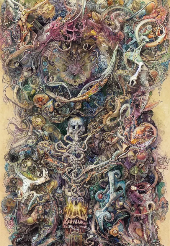 Image similar to simplicity, colorful muscular eldritch bodies and bones radiating from fractal, mandala, white bones, colorful gems, brush pen, by h. r. giger and esao andrews and maria sibylla merian eugene delacroix, gustave dore, thomas moran, pop art, chiaroscuro, biopunk, art nouveau