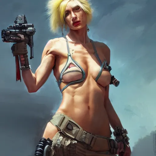 Image similar to tank girl, highly detailed, half android, power implants, body transmogrify, beautiful, mesmerising, look of desire, loving stare, digital painting, trending on artstation, concept art, 4 k, sharp focus, illustration, art by greg rutkowski