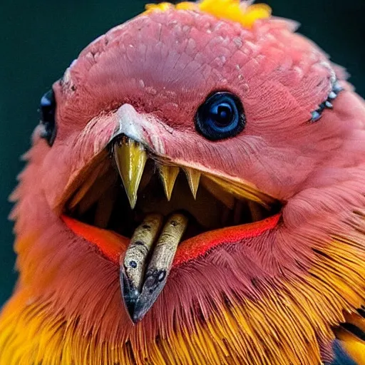 Prompt: toothy bird. bird with too many teeth. gaping wide mouth with huge teeth. scary bird. terrifying colorful bird. you would not believe how horrified i was to snap a photo of this bird, and the sound it made, it sent shivers down my spine! National Geographic photography. cute tho