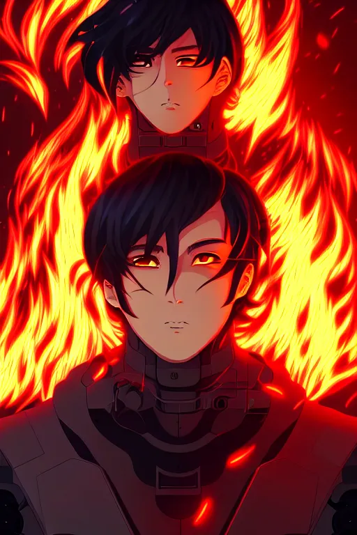 Prompt: a detailed manga portrait illustration of a dark haired cyborg anime man surrounded by fire, detailed artwork, realism, 4 k resolution, detailed, high quality, sharp focus, hq artwork, insane detail, volumetric lighting, character concept art, fine details, clear subject, central subject