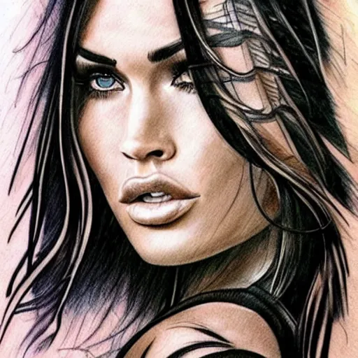 Image similar to tattoo sketch of megan fox's face blended in amazing mountain scenery, in the style of dan mountford