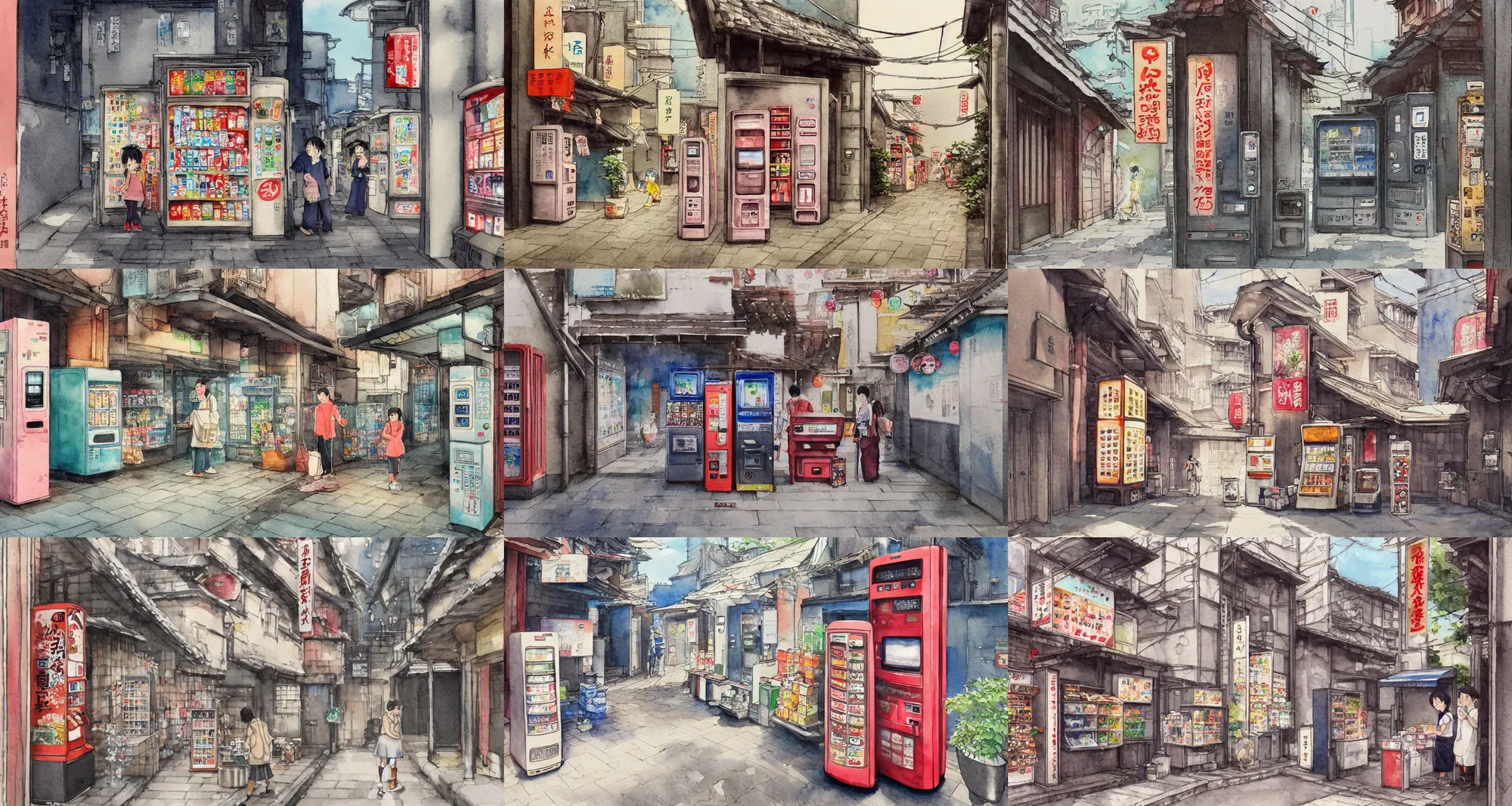 Prompt: beautiful watercolor painting of japanese alleyway with vending machine, by mateusz urbanowicz, hayao miyazki, mamoru hosoda