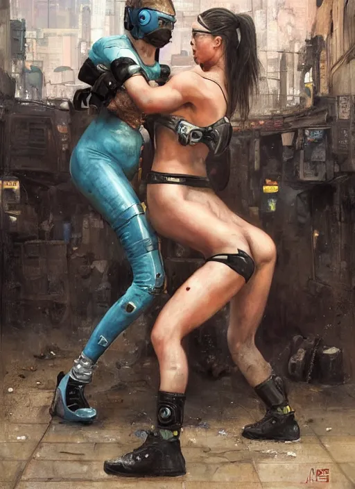 Image similar to ronda rousey vs thug. armbar. cyberpunk mercenary in a cyberpunk jumpsuit ( blade runner 2 0 4 9, cyberpunk 2 0 7 7 ). orientalist portrait by john william waterhouse and james gurney and theodore ralli and nasreddine dinet, oil on canvas. cinematic, hyper realism, realistic proportions, dramatic lighting, high detail 4 k