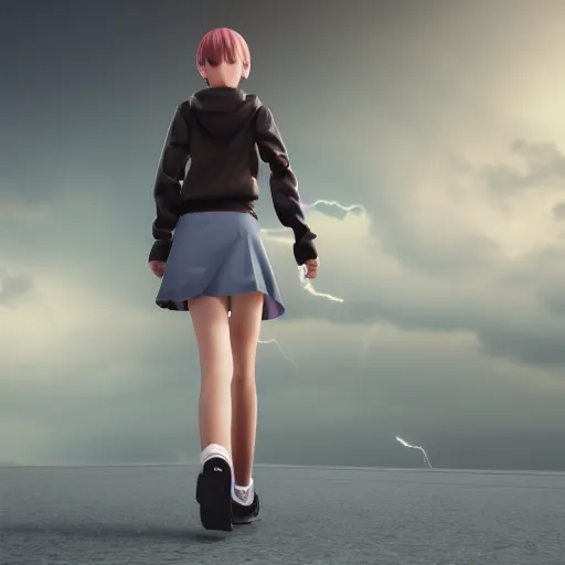 Prompt: 3d hd render of teenager anime girl full body walking backwards octane render post denoised, night sky, volumetric lightning dark grey tint