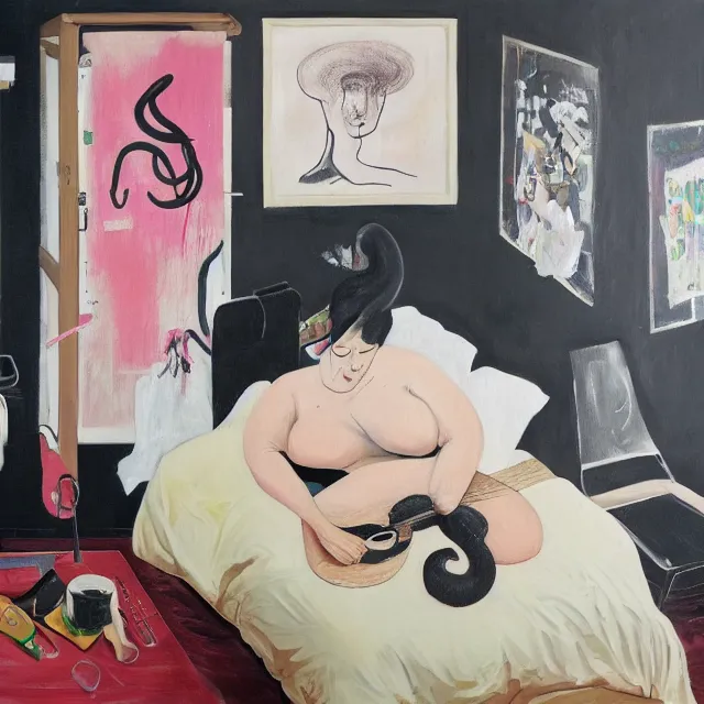 Image similar to a portrait in a female artist's zen bedroom, black walls, a tall girl sleeping, pancakes, sheet music, electric guitar, surgical supplies, ikebana, sensual, octopus, neo - expressionism, surrealism, acrylic and spray paint and oilstick on canvas