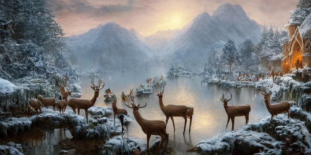 Prompt: Rivendell Christmas winter with deers, detailed matte painting, cinematic, Alan Lee, Artstation