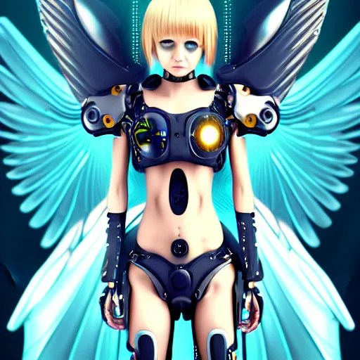 Prompt: cute small cyborg - angel girl with large angelic wings, left eye gold and right eye silver, biomechanical details, wearing epic bionic cyborg implants, digital cyberpunk - anime art, full body shot