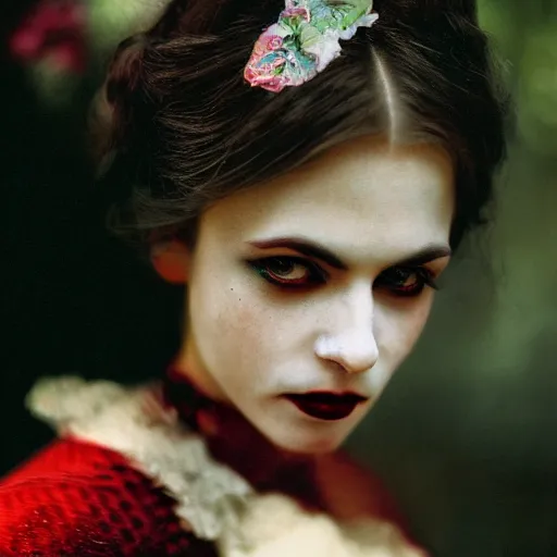 Image similar to A beautiful portrait of a lady vampire, victorian, photography, 35mm, depth of field, bokeh, soft light, cinematic, steve mccurry