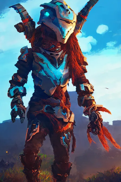 Image similar to combination suit armor aloy horizon forbidden west horizon zero dawn radiating a glowing aura global illumination ray tracing hdr fanart arstation by ian pesty and alena aenami artworks in 4 k tribal robot ninja mask helmet backpack