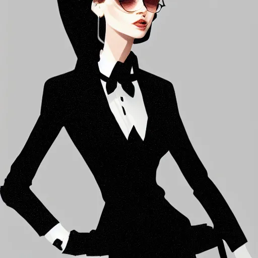 Image similar to slim girl in black tuxedo, corporate boss, luxury, 2d, ultra highly detailed, smooth, sharp focus, digital art, digital painting, fan art, elegant, artstation, by Ilya Kuvshinov