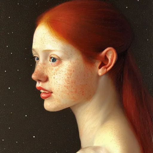 Image similar to portrait of a red haired girl, long hair, green eyes, hint of freckles, beautiful round face, soft amazed smiles, among golden fireflies, highly detailed, deep focus, elegant, digital painting, smooth, sharp focus, golden ratio, illustration, ultra realistic, 8 k, art by artemisia lomi gentileschi and caravaggio