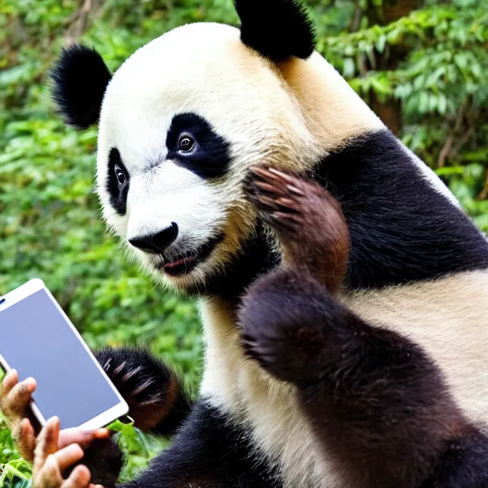 Image similar to a panda is taking a selfie with a smartphone