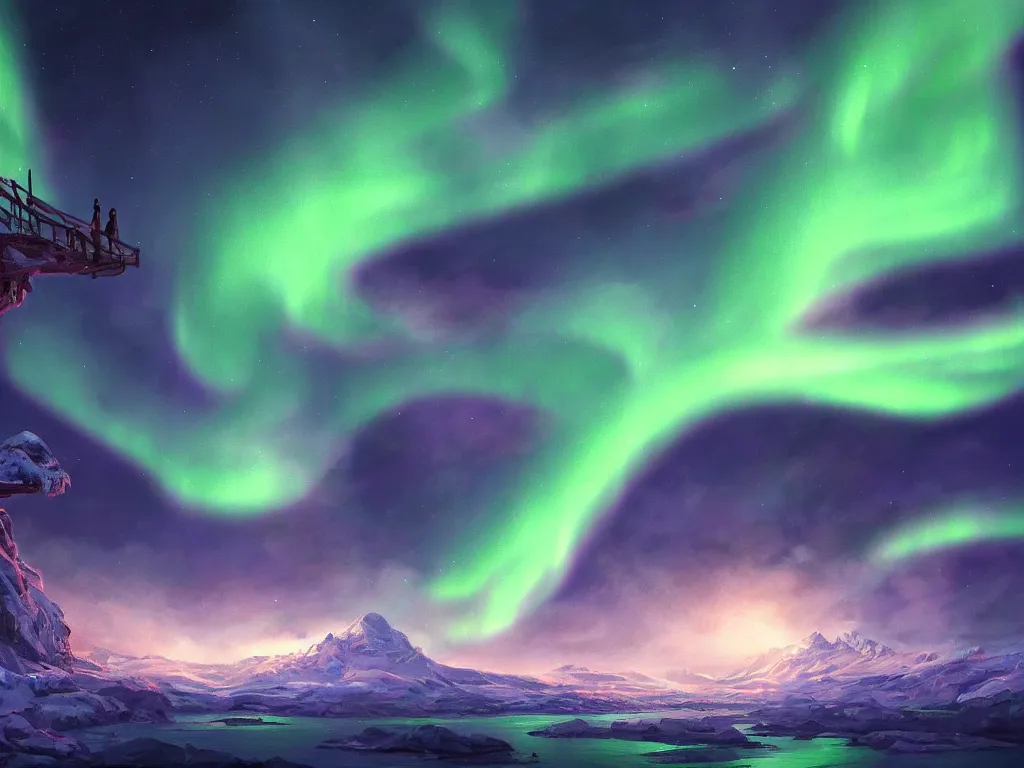 Prompt: northern lights, epic lighting, establishing shot, intricate, extremely detailed, digital painting, artstation, concept art, smooth, sharp focus, illustration, intimidating lighting, incredible art,