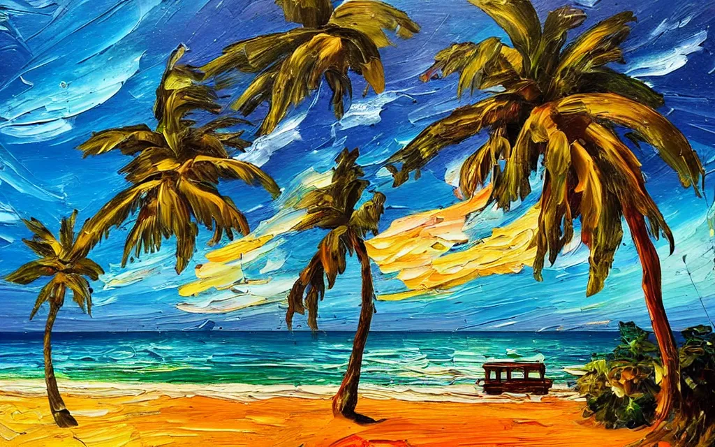 Prompt: in a big sea is a small island with a cute cozy cottage on it and a paved courtyard with benches and string lights, palm trees, sunset, puffy clouds, dramatic and dynamic lighting, thick brush strokes oil impasto painting