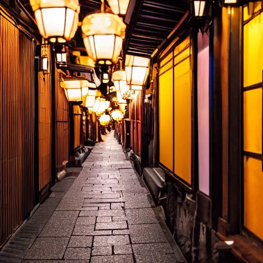 Image similar to night photography of kyoto alleyway at night, golden lanterns, traditional and modern store fronts, bokeh, award winning, dslr, nikon