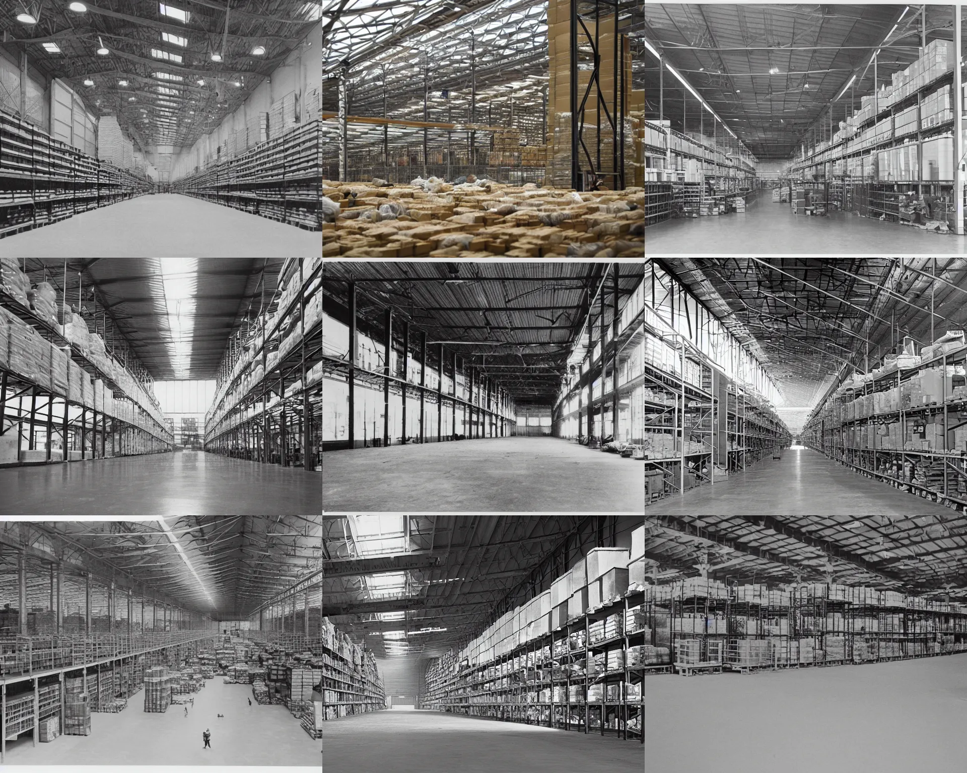 Prompt: photo of interior view of a enormous warehouse, documentary photograph