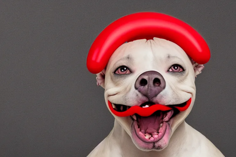 Image similar to an angry pit bull wearing clown makeup and a red rubber nose, 4 k, hdr color