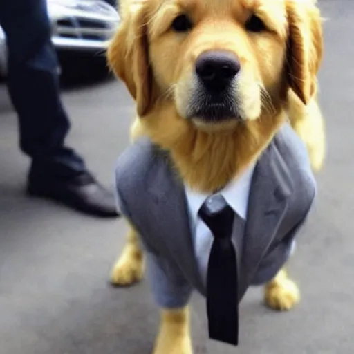 Image similar to a golden retriever that looks like tom cruise wearing a suit